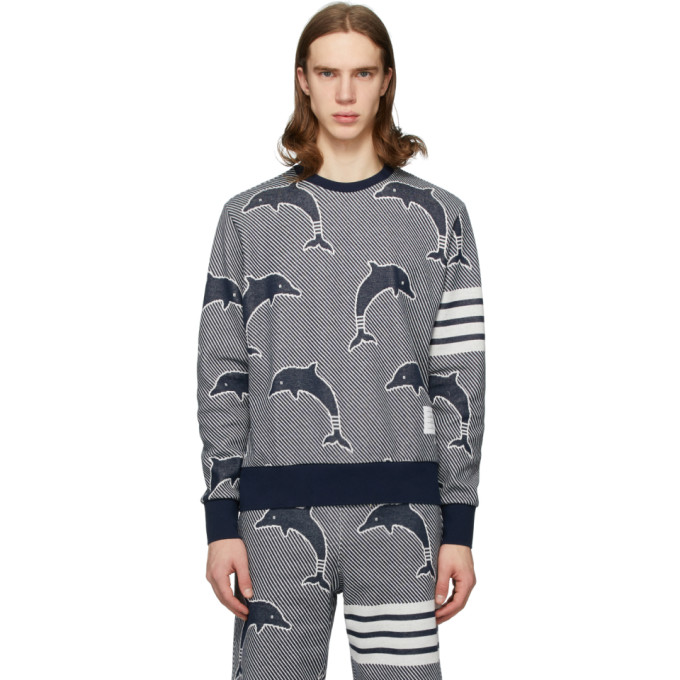 THOM BROWNE THOM BROWNE NAVY JACQUARD DOLPHIN 4-BAR SWEATSHIRT