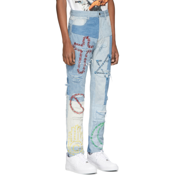 WHO DECIDES WAR BY MRDR BRVDO WHO DECIDES WAR BY MRDR BRVDO BLUE UNIFIED EMBROIDERED JEANS