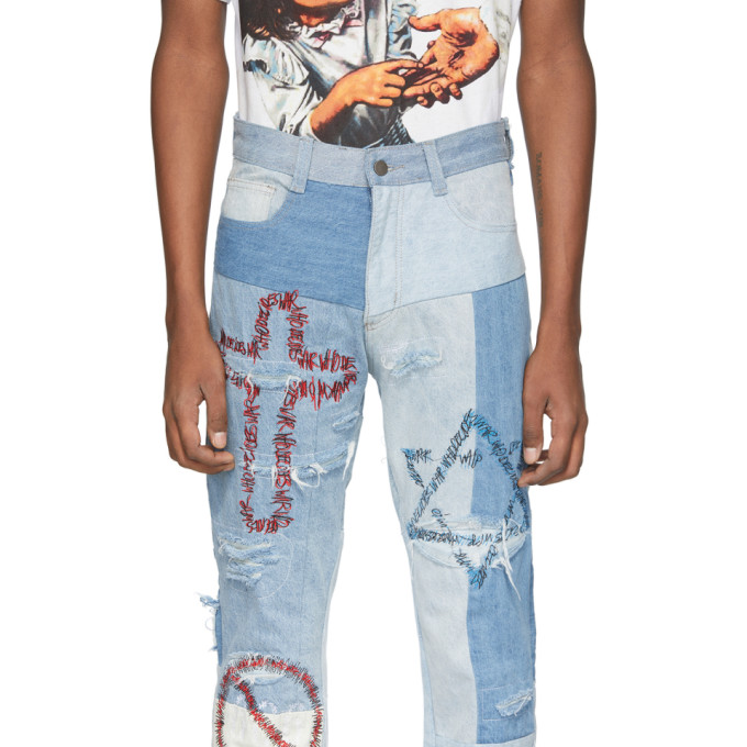 WHO DECIDES WAR BY MRDR BRVDO WHO DECIDES WAR BY MRDR BRVDO BLUE UNIFIED EMBROIDERED JEANS