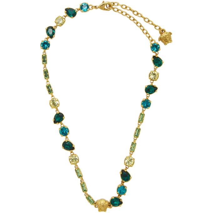 Versace Gold Crystal Medusa Mini Necklace In Dm3st Green