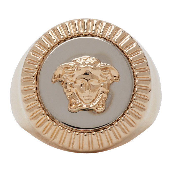 VERSACE VERSACE GOLD AND SILVER GUILLOCHE MEDUSA SIGNET RING