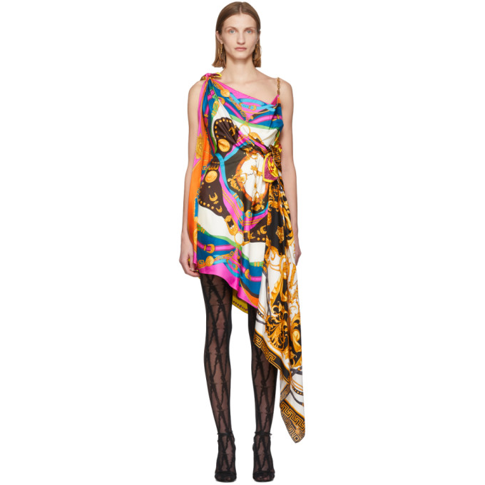 Click to view more detailed imagery on our partner's website Versace Multicolor Mixed Print Draped Asymmetric Dress In Pink