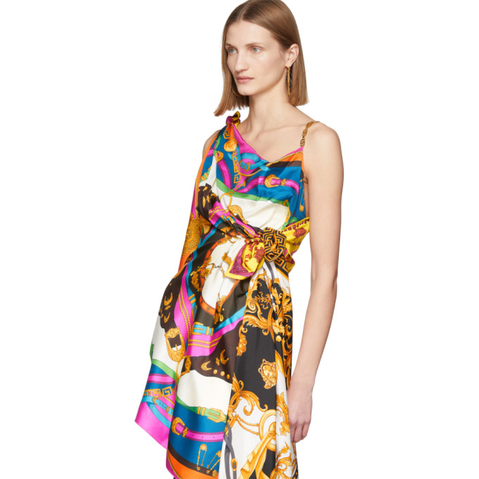 VERSACE VERSACE MULTICOLOR MIXED PRINT DRAPED ASYMMETRIC DRESS