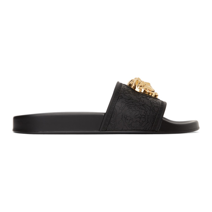 Click to view more detailed imagery on our partner's website Versace Palazzo Medusa Slide Sandal In Black/ Gold