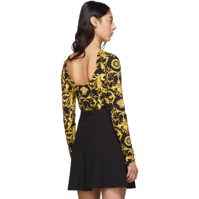 Shop Versace Black & Yellow Wester Barocco Bodysuit In A7900 Black