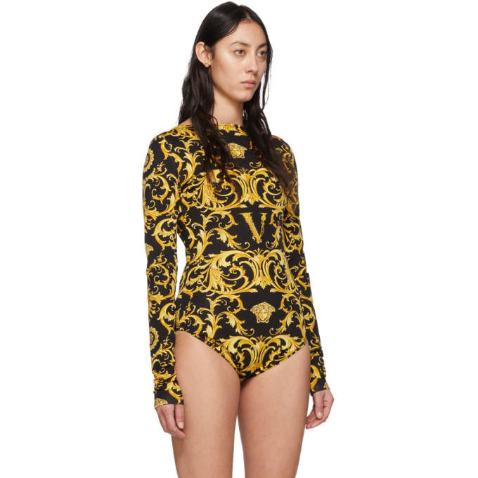 Shop Versace Black & Yellow Wester Barocco Bodysuit In A7900 Black