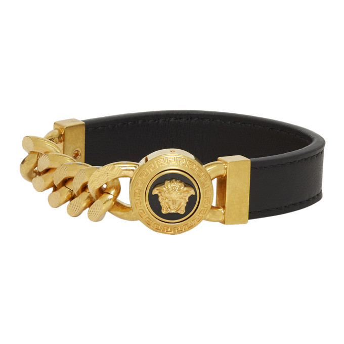 VERSACE VERSACE BLACK AND GOLD LEATHER CHAIN MEDUSA BRACELET