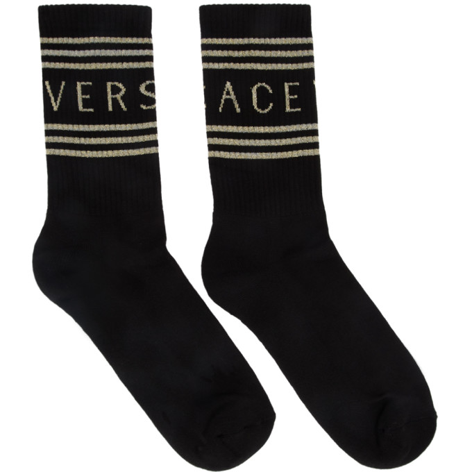 Versace Black And Gold Logo Socks In I450 Blkgld