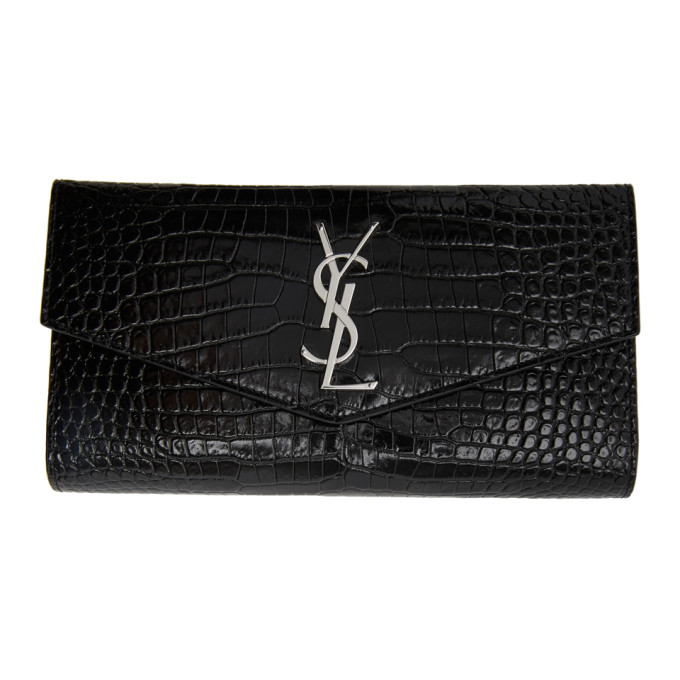 SAINT LAURENT SAINT LAURENT BLACK LARGE CROC UPTOWN FLAP WALLET