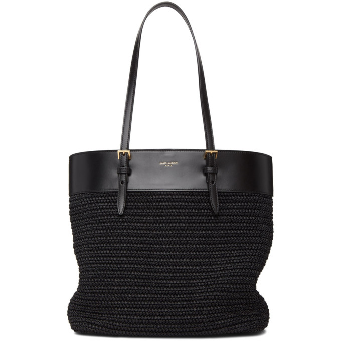 Saint Laurent ブラック ラフィア ミニ イースト/ウェスト ショッピング トート