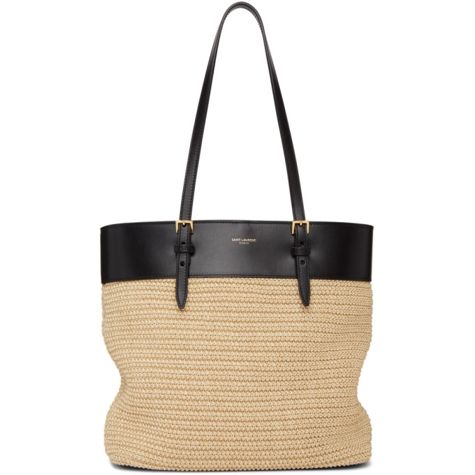 Saint Laurent ベージュ and ブラック ラフィア ミニ イースト/ウェスト トート