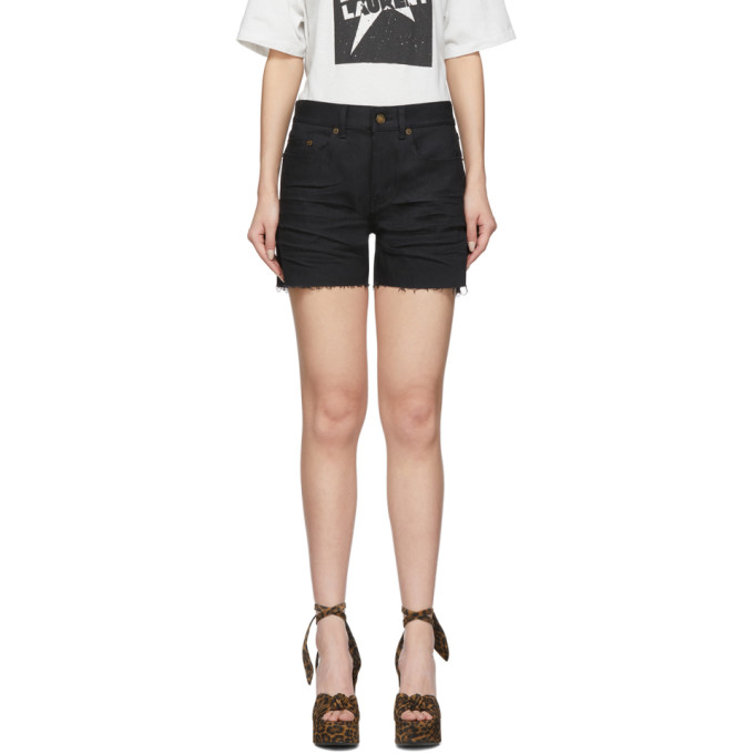 SAINT LAURENT SAINT LAURENT BLACK DENIM FRAYED SHORTS