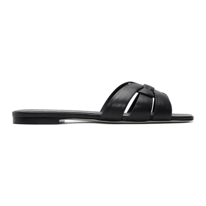 SAINT LAURENT Black Tribute Flat Sandals