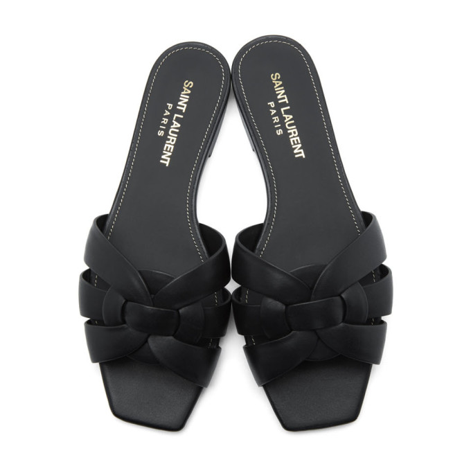 SAINT LAURENT Black Tribute Flat Sandals