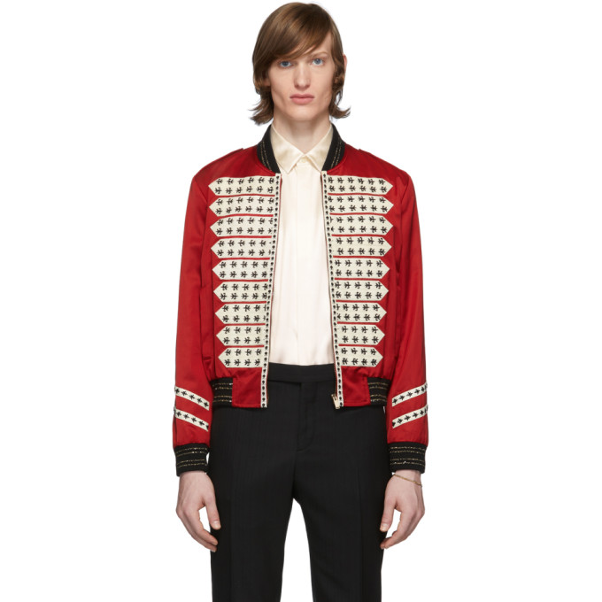 SAINT LAURENT SAINT LAURENT RED SATIN OFFICER BOMBER JACKET