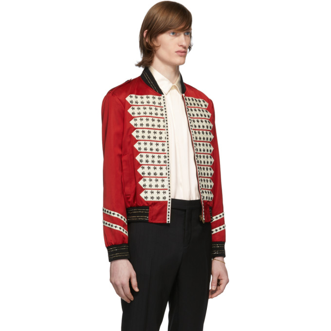 SAINT LAURENT SAINT LAURENT RED SATIN OFFICER BOMBER JACKET