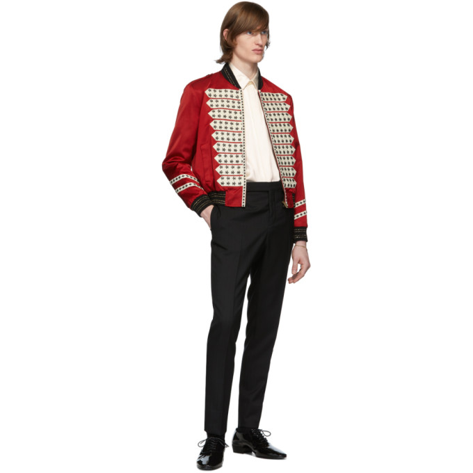 SAINT LAURENT SAINT LAURENT RED SATIN OFFICER BOMBER JACKET