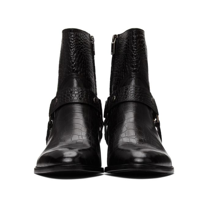 SAINT LAURENT SAINT LAURENT BLACK CROC WYATT HARNESS BOOTS