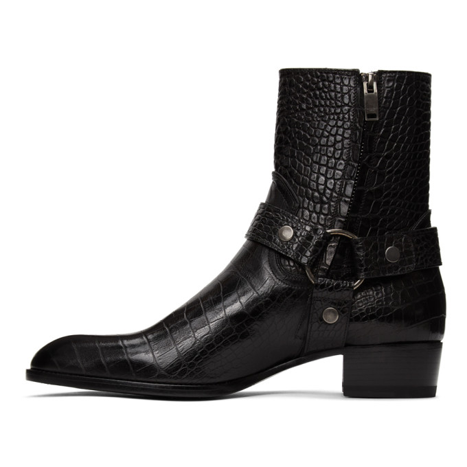 SAINT LAURENT SAINT LAURENT BLACK CROC WYATT HARNESS BOOTS