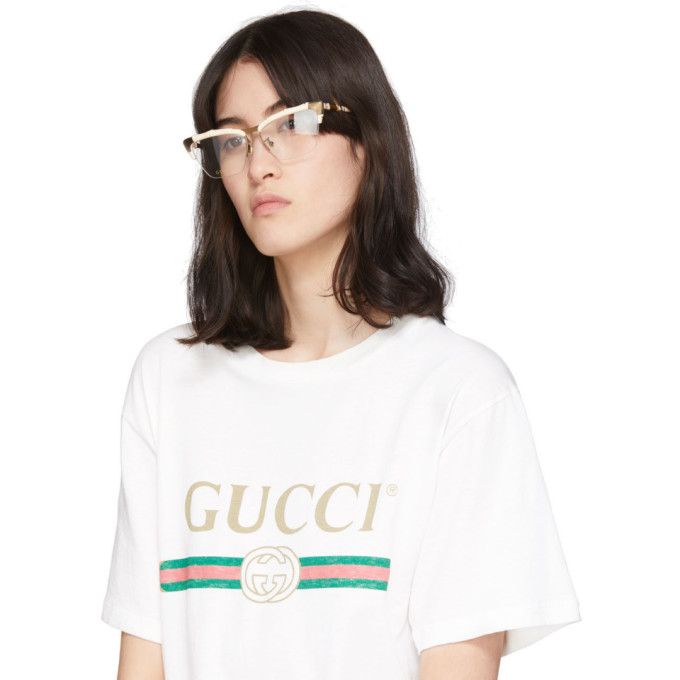Gucci Off White And Bronze Half Rim Cat Eye Glasses In 002 White
