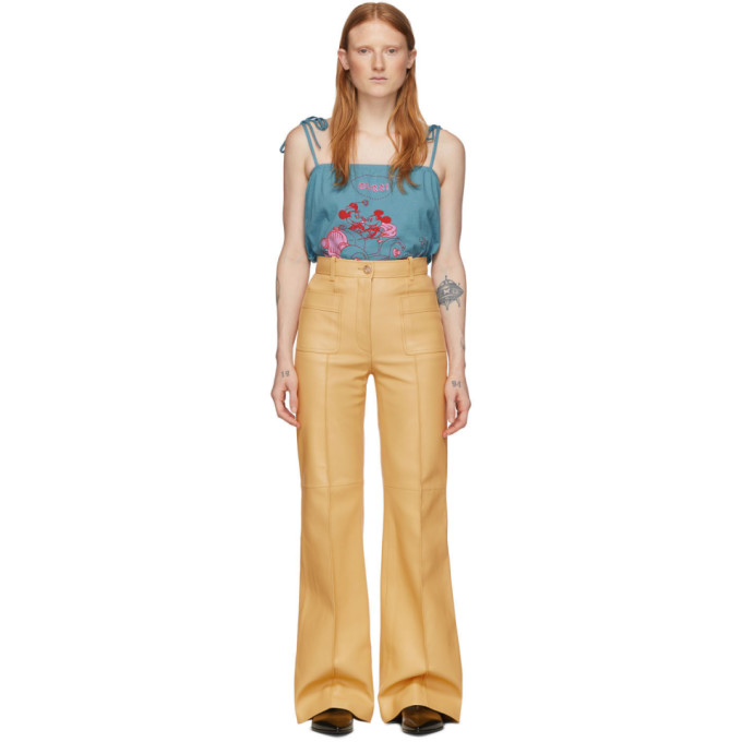 Gucci Yellow Leather Flare Trousers In 7043 Yellow