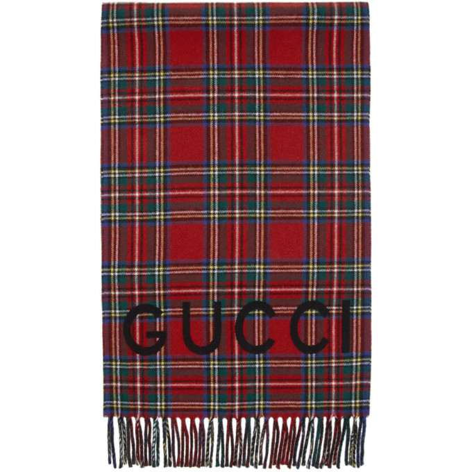 GUCCI GUCCI RED WOOL AND CASHMERE TARTAN SCARF