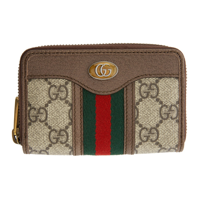 Gucci Beige and Brown Ophidia Zip Around Card Holder