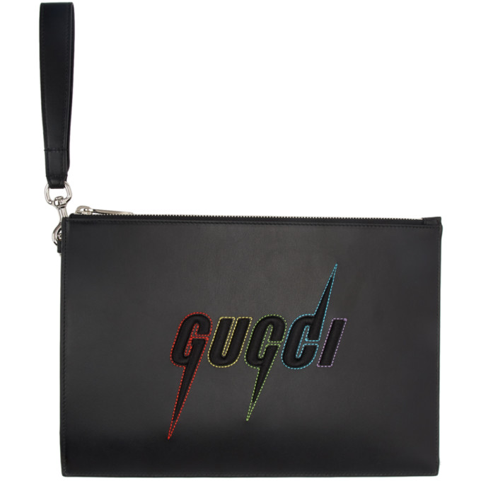 GUCCI Blade Embroidery Leather Wristlet Pouch Black 597678