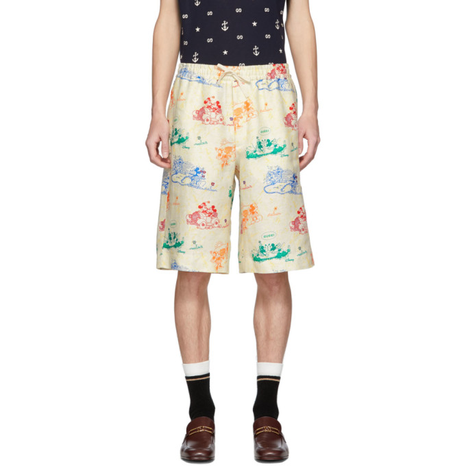 GUCCI GUCCI OFF-WHITE AND MULTICOLOR LINEN DISNEY EDITION SHORTS