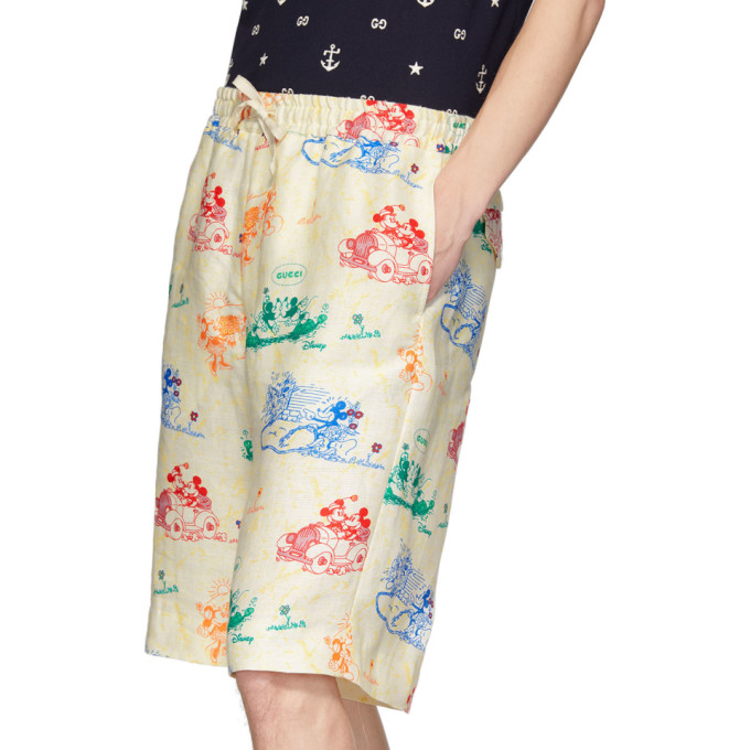 GUCCI GUCCI OFF-WHITE AND MULTICOLOR LINEN DISNEY EDITION SHORTS