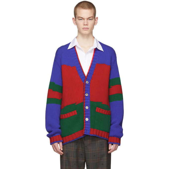 GUCCI GUCCI BLUE AND GREEN OVERSIZED STRIPED CARDIGAN