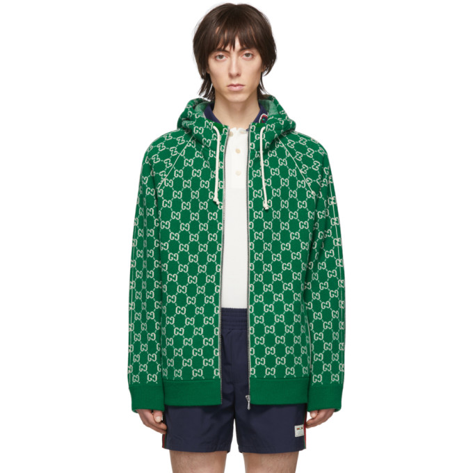 GUCCI GREEN & OFF-WHITE WOOL GG ZIP HOODIE