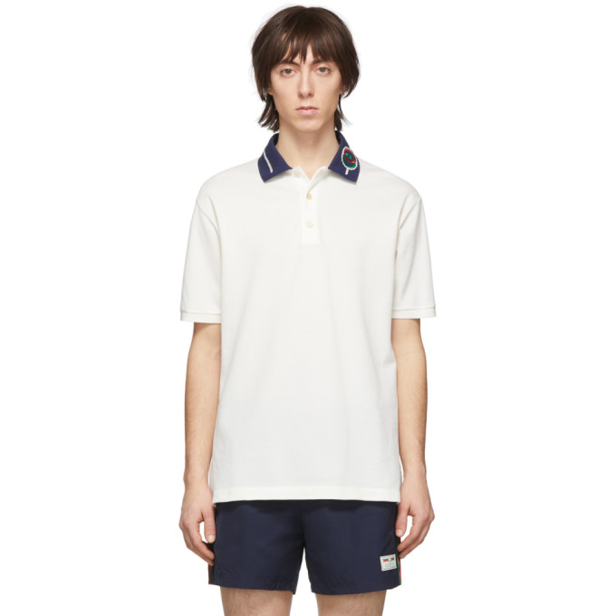 GUCCI GUCCI OFF-WHITE EMBROIDERED COLLAR POLO