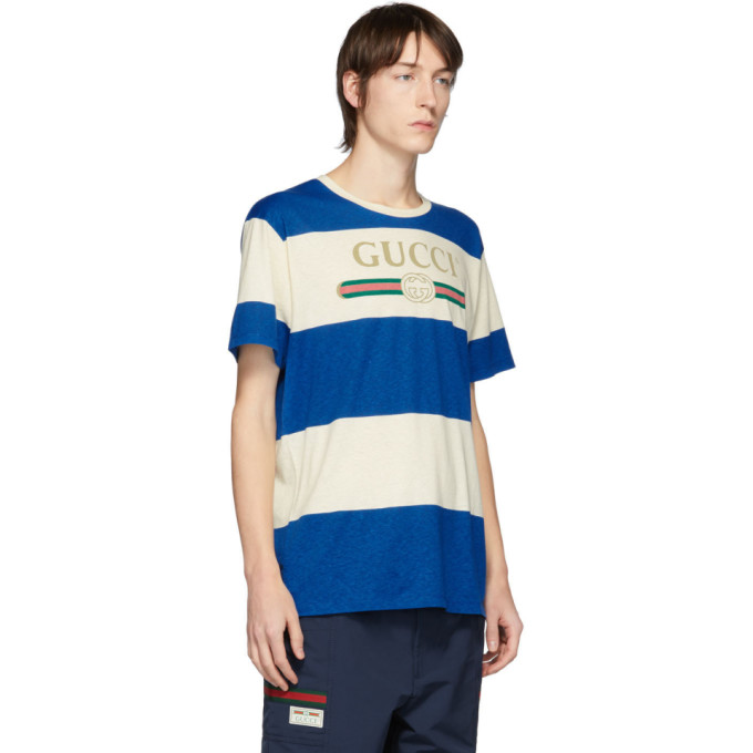 GUCCI GUCCI OFF-WHITE AND BLUE VINTAGE LOGO T-SHIRT