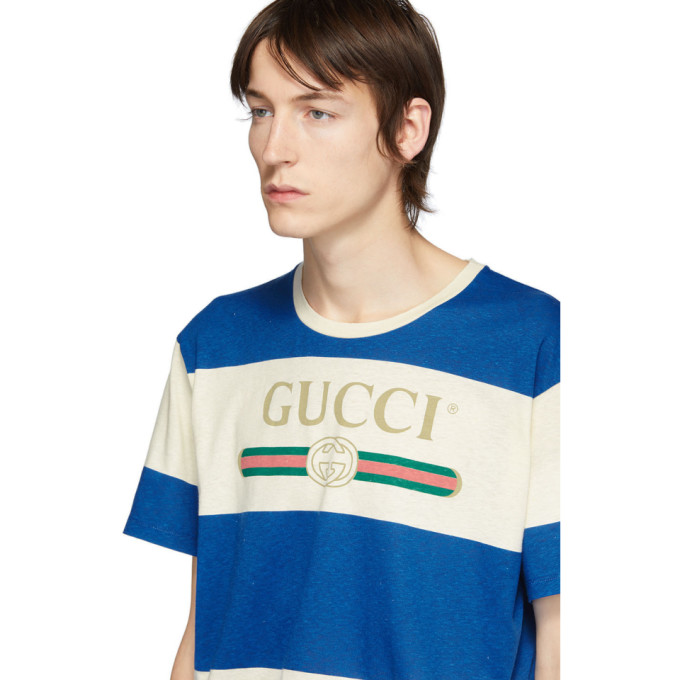 GUCCI GUCCI OFF-WHITE AND BLUE VINTAGE LOGO T-SHIRT