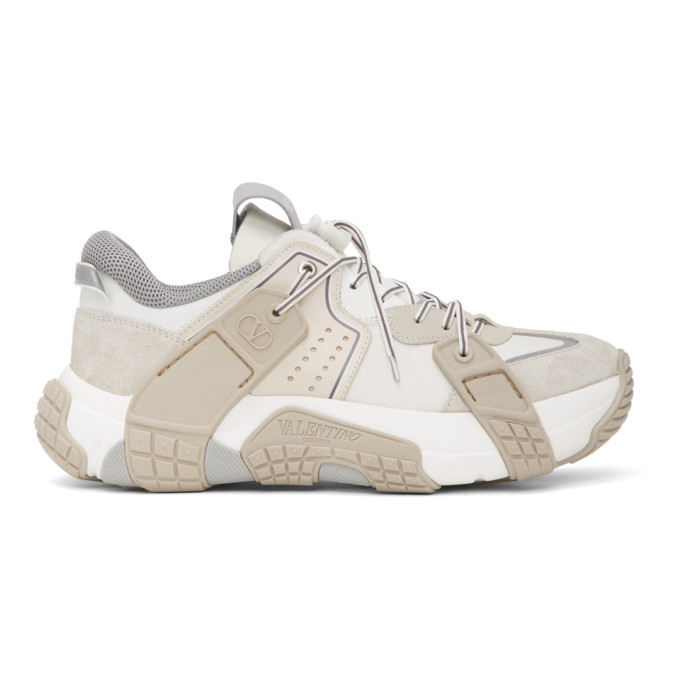 VALENTINO WHITE & OFF-WHITE VALENTINO GARAVANI WOD PANELLED LOW-TOP SNEAKERS