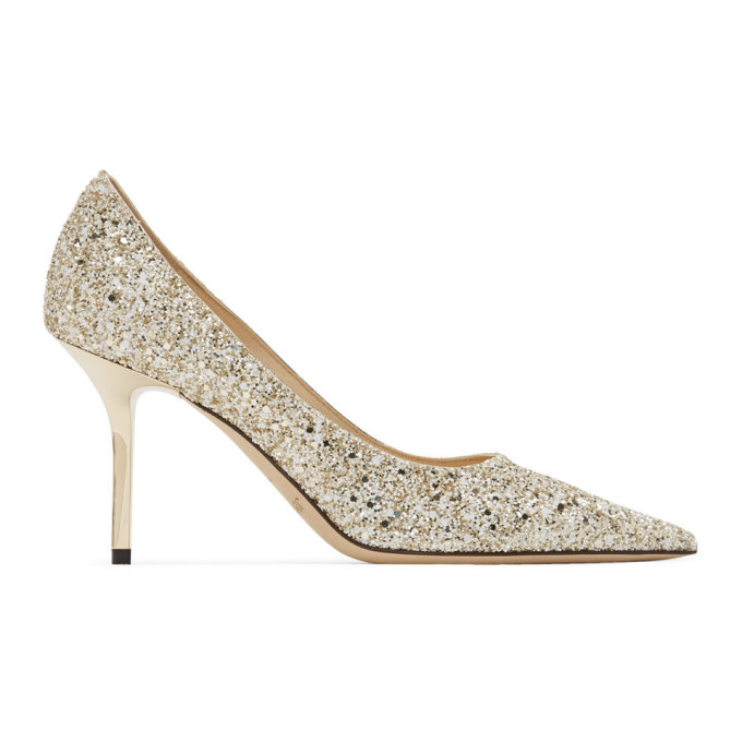 JIMMY CHOO JIMMY CHOO GOLD AND WHITE COARSE GLITTER LOVE 85 HEELS