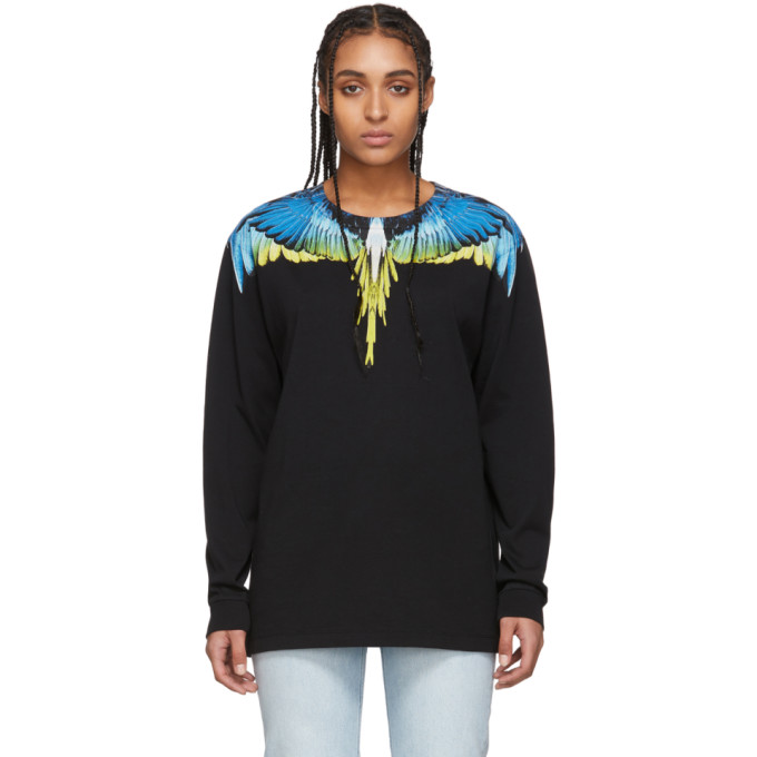 Marcelo Burlon County Of Milan Black And Yellow Wings Long Sleeve T-shirt In Black/lime