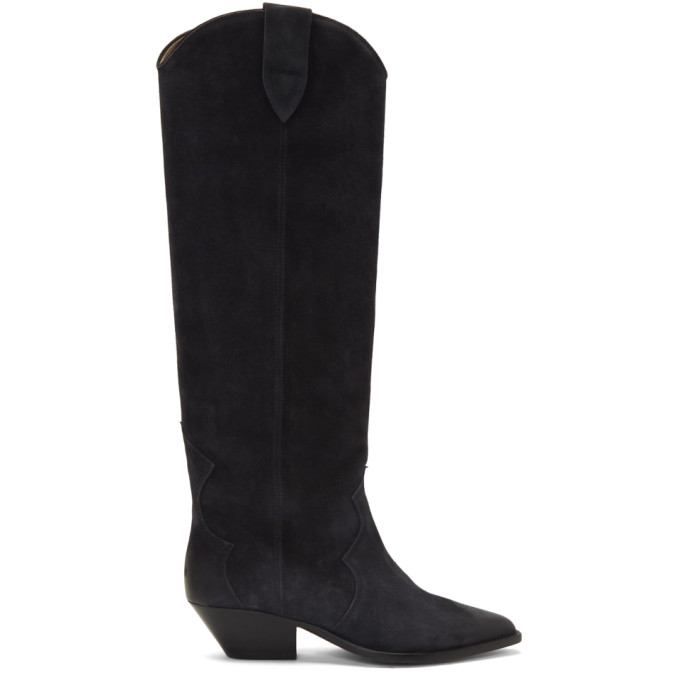 black suede pull on knee high boots