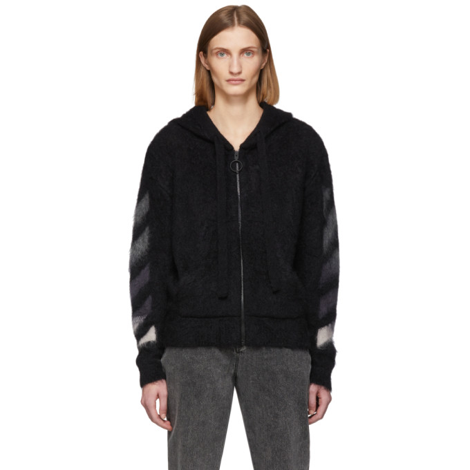 Off-white Black Mohair Diag Zip Hoodie In Black Multi