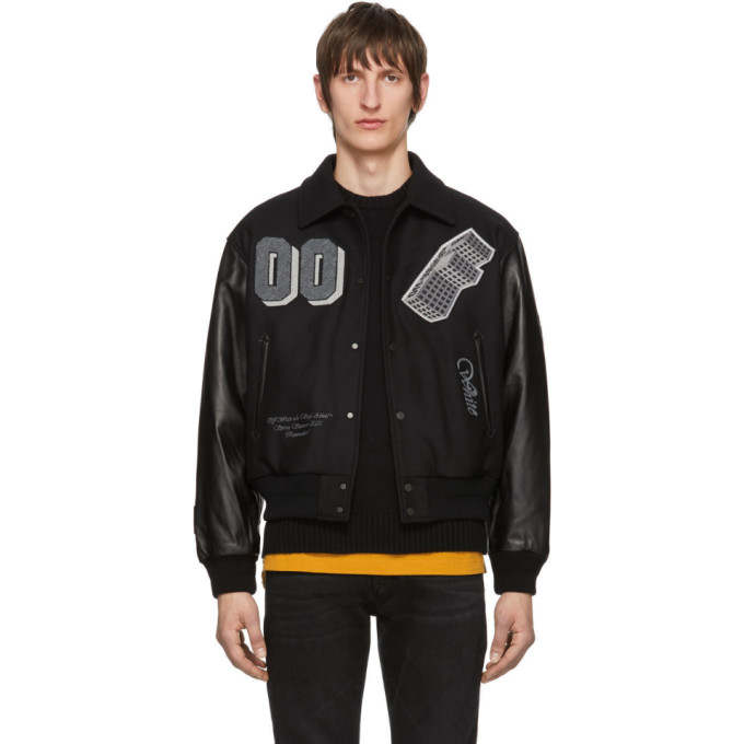 OFF-WHITE OFF-WHITE BLACK LEATHER GOLDEN RATIO VARSITY JACKET