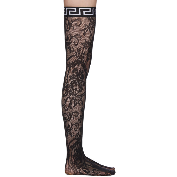 Versace Black Logo Band Lace Stockings In A1008 Black