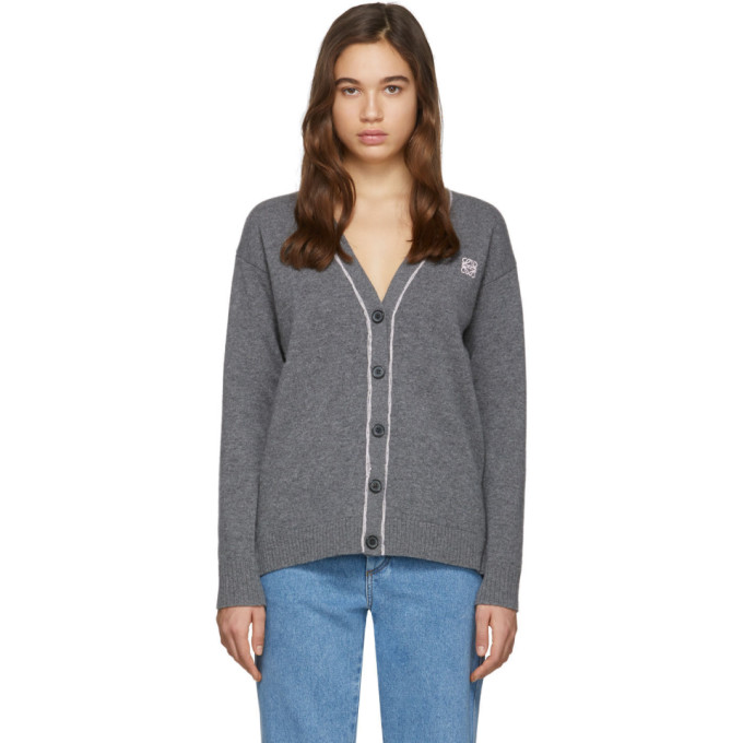 LOEWE LOEWE GREY AND PINK WOOL ANAGRAM CARDIGAN