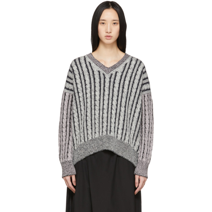 LOEWE LOEWE GREY WOOL CABLE V-NECK SWEATER