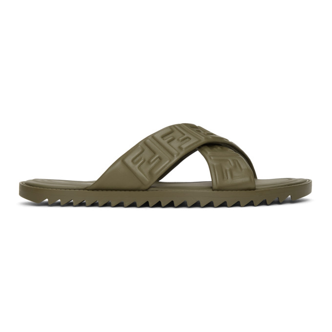 FENDI FENDI KHAKI LEATHER FOREVER FENDI SLIDES