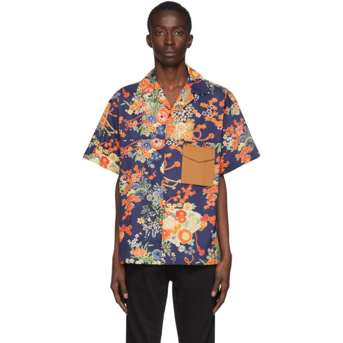 PALM ANGELS NAVY BLOOMING SHORT SLEEVE SHIRT