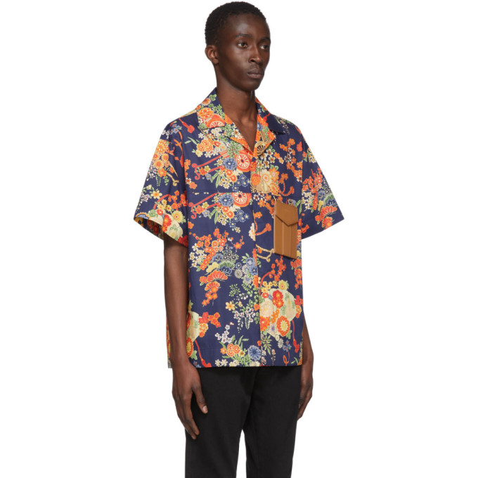 PALM ANGELS NAVY BLOOMING SHORT SLEEVE SHIRT