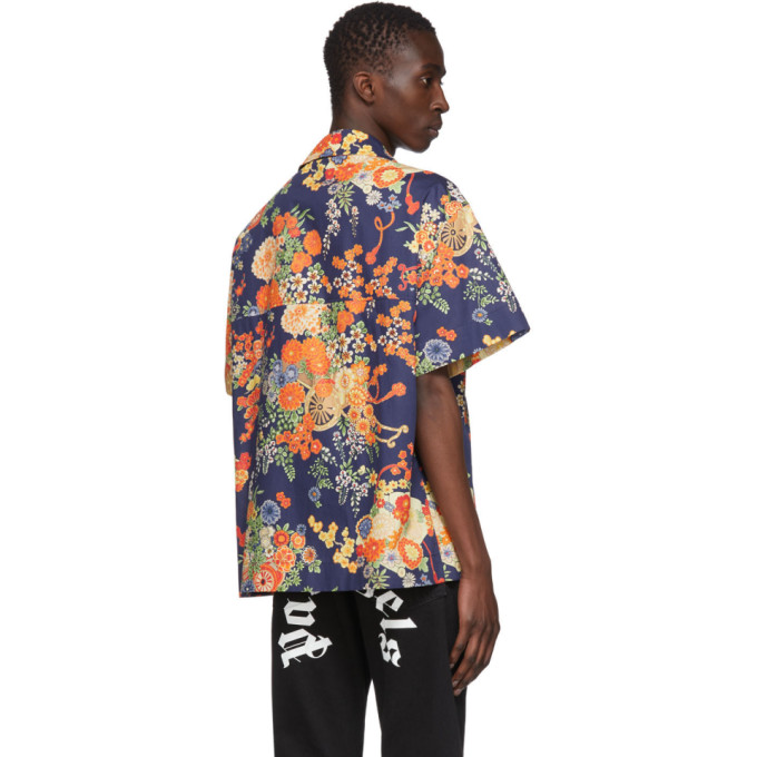 PALM ANGELS NAVY BLOOMING SHORT SLEEVE SHIRT