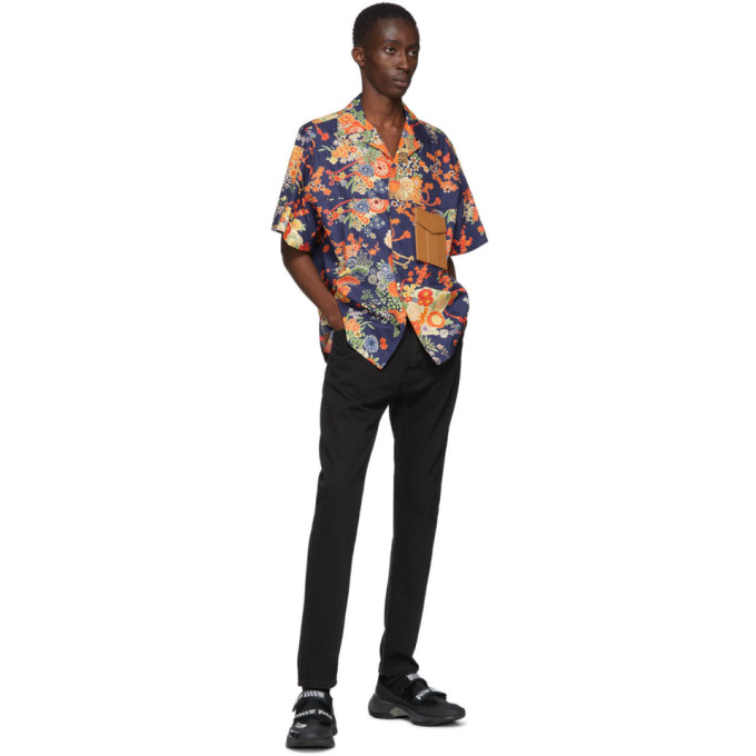 PALM ANGELS NAVY BLOOMING SHORT SLEEVE SHIRT