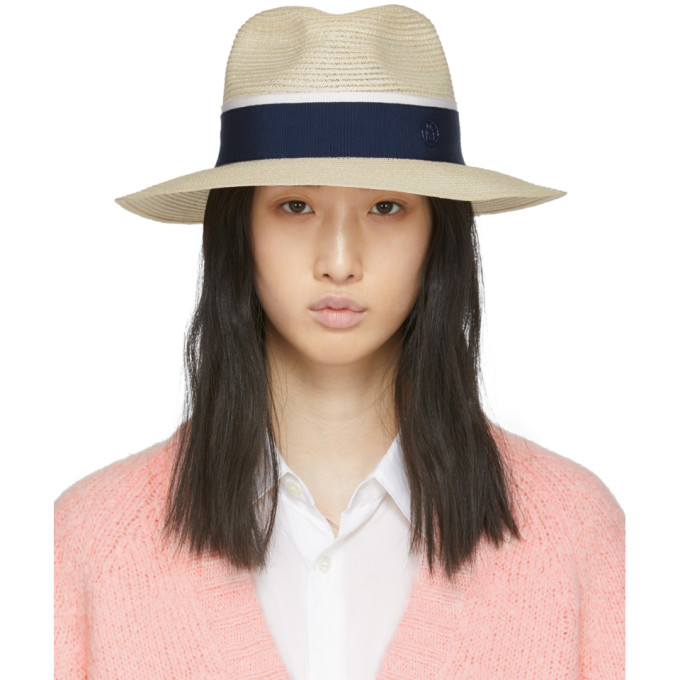 MAISON MICHEL MAISON MICHEL BEIGE AND NAVY STRAW HENRIETTA HAT